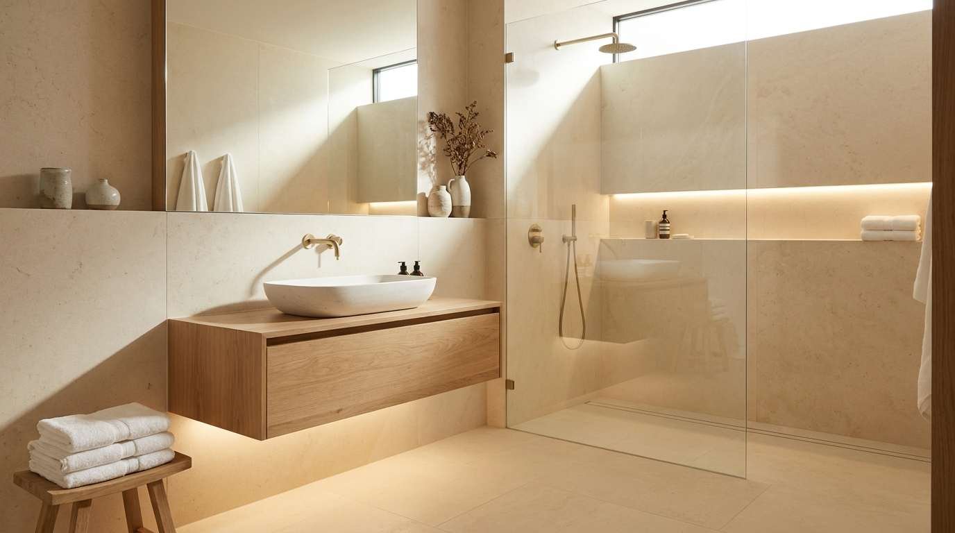 luxurious minimalist bathroom with natural stone, oak vanity, and warm lighting