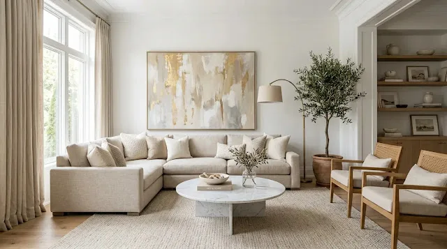 Elegant neutral living room showing how to make a home look expensive on a budget with affordable luxury decor and quiet luxury styling