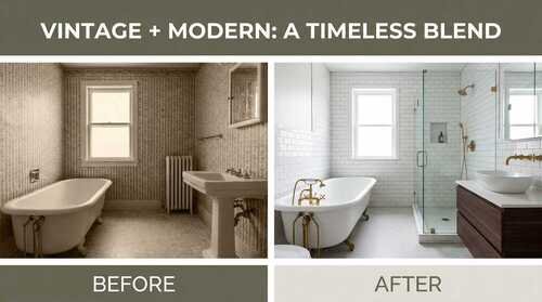 Before and after modern farmhouse bathroom showing vintage and contemporary design elements combined