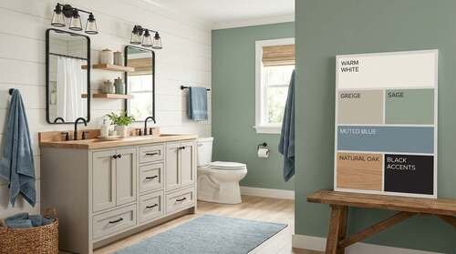 Modern farmhouse bathroom color palette featuring warm white, greige, sage green, muted blue, natural oak, and black accents