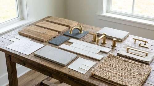 Modern farmhouse bathroom materials board featuring natural wood, stone, porcelain tile, brushed metal, and woven textures