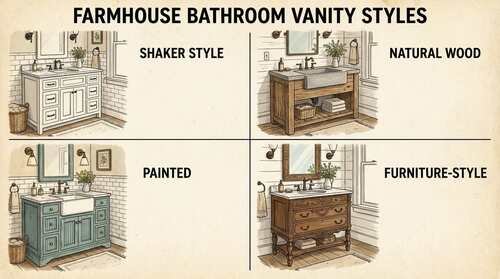 Modern farmhouse bathroom vanity comparison featuring Shaker, natural wood, painted, and furniture-style vanities