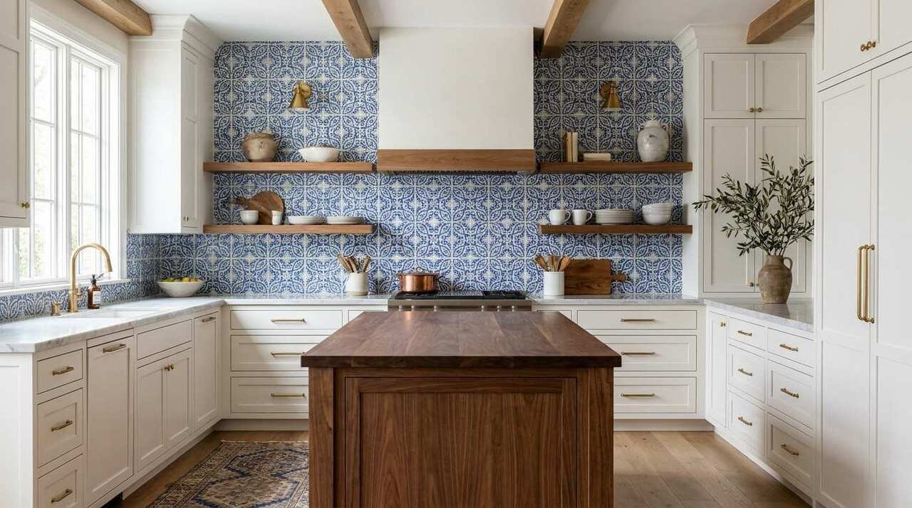 Azulejo tile backsplash ideas featuring a blue and white patterned kitchen backsplash with white cabinets and wood accents