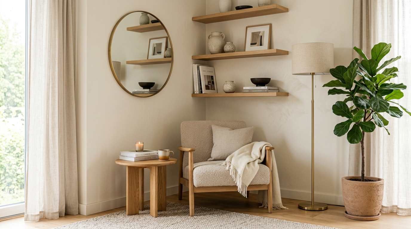 Stylish living room corner with chair, shelves, plant, mirror, and smart corner space ideas