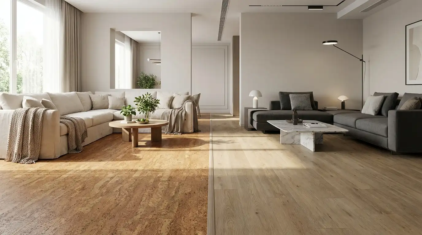 Cork flooring vs. vinyl flooring comparison in a modern home
