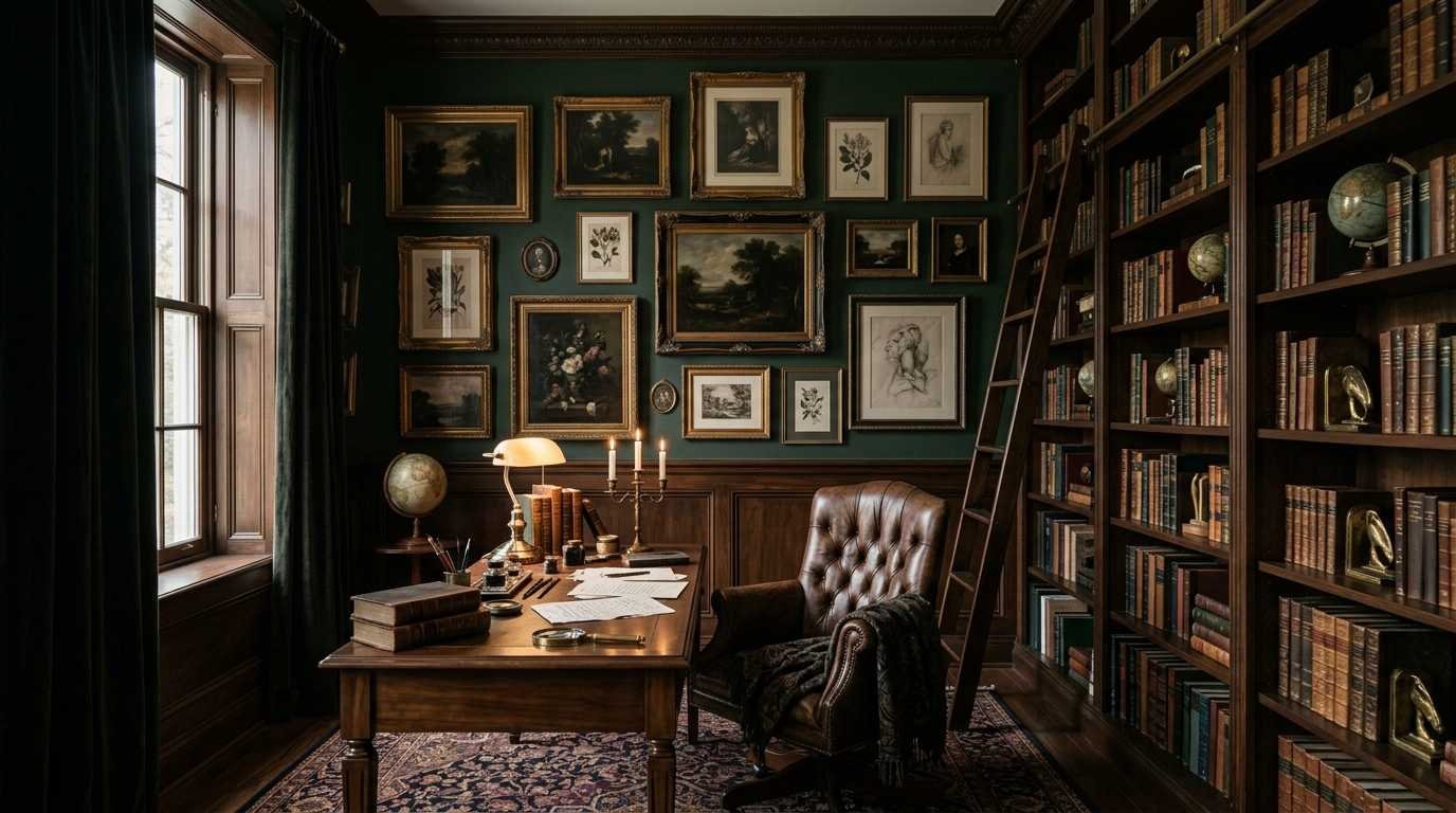 Dark academia decor with dark wood furniture, vintage books, warm lighting, and classical artwork