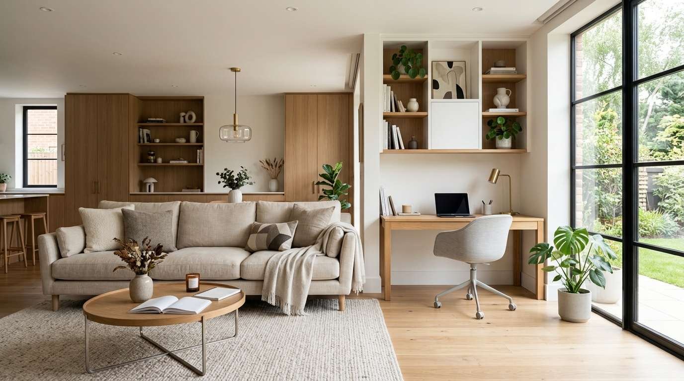 Stylish hybrid living room with flexible seating, workspace, storage, and modern decor