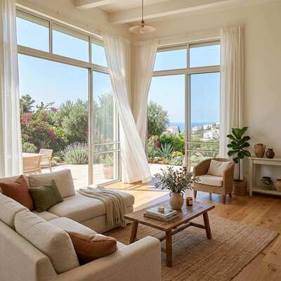 Beach house living room with framed coastal landscape artwork above a natural wood console.