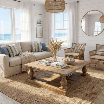 Bright coastal living room with sheer white linen curtains filtering natural daylight.