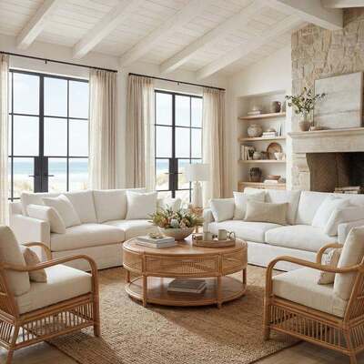 Coastal cottage living room with white curtains, oak flooring, and soft natural light.