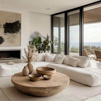 Sophisticated coastal living room with dusty blue cushions on an ivory sofa.