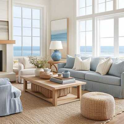 Coastal living room with an ivory sofa, sandy beige accents, and a soft blue color palette.