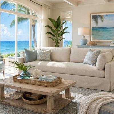 Coastal living room with a large natural jute rug beneath an ivory sofa.