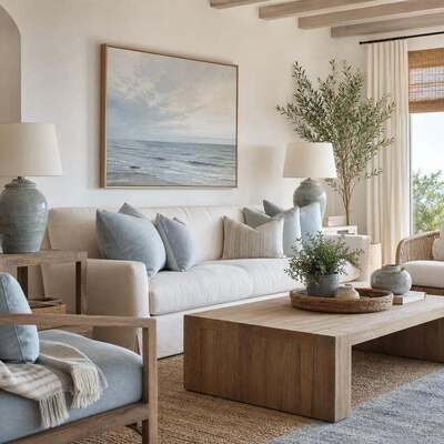 Coastal living room featuring a natural oak coffee table, linen sofa, and jute rug.