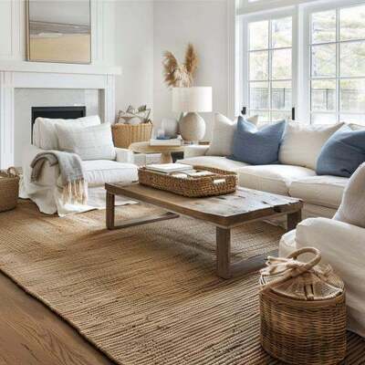 Coastal living room illuminated by warm table lamps with linen shades and natural wood accents.