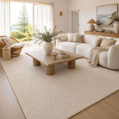 Coastal living room with a woven pendant light and a neutral natural-material palette.