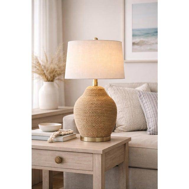 Coastal Rope Wrapped Table Lamp With Linen Shade – Organic Modern Texture