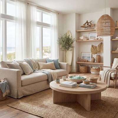 Contemporary beach house living room with a neutral sectional sofa and natural wood furniture.
