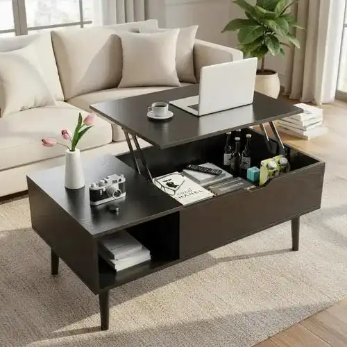 Modern lift-top coffee table with hidden storage in a contemporary living room