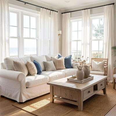 Minimal coastal living room with abstract ocean artwork displayed above a cream sofa.