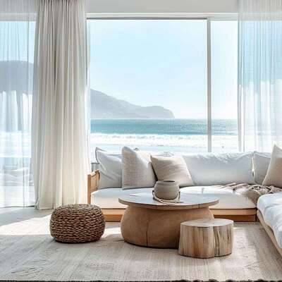 Modern coastal living room with navy blue accent chairs and a beige linen sofa.