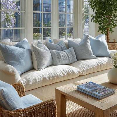 Modern coastal living room featuring a curved sofa, sculptural coffee table, and neutral finishes.
