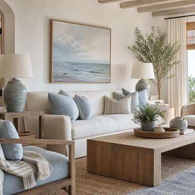 Modern coastal living room with warm white walls, pale oak furniture, and light blue accents.