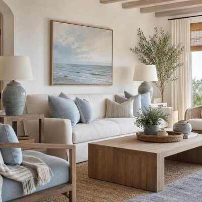 Bright coastal living room featuring a leafy indoor plant in a ceramic planter.