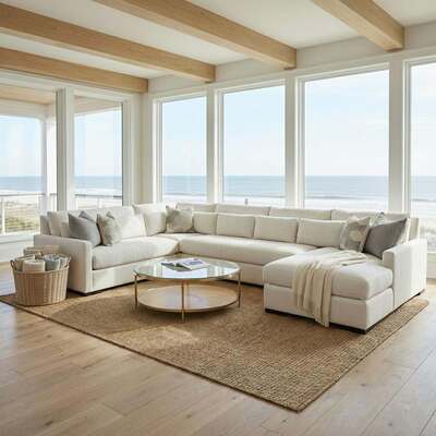 Neutral coastal living room with a textured wool rug and pale oak flooring.