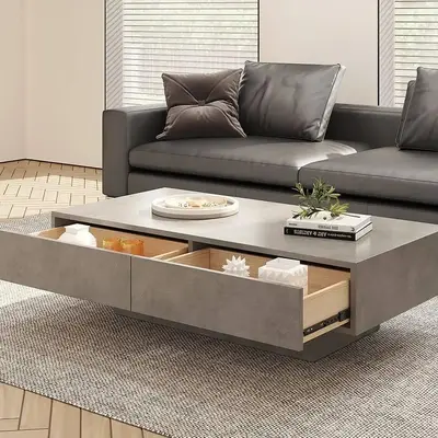 Modern wood coffee table with lower shelf styled 
